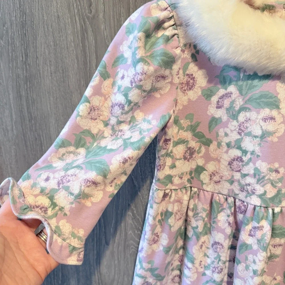 Janie & Jack Floral Dress Girls 8 Purple Faux Fur Collar Ruffle Trim Holiday NWT